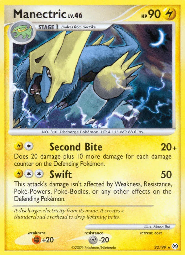 22, Fighting[+20], Lightning, Metal[-20], Normal, Platinum: Arceus, Rare, Reverse Holofoil Manectric (22/99) [Platinum: Arceus] - Trading Card World