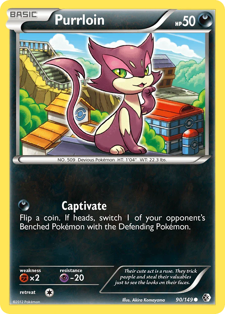 90, Black & White: Boundaries Crossed, Common, Darkness, Fighting[×2], Normal, Psychic[-20], Reverse Holofoil Purrloin (90/149) [Black & White: Boundaries Crossed] - Trading Card World