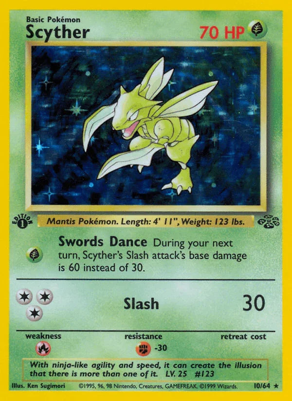 10, 1st Edition Holofoil, Fighting[-30], Fire[×2], Grass, Holo Rare, Jungle 1st Edition Scyther (10/64) [Jungle 1st Edition] - Trading Card World