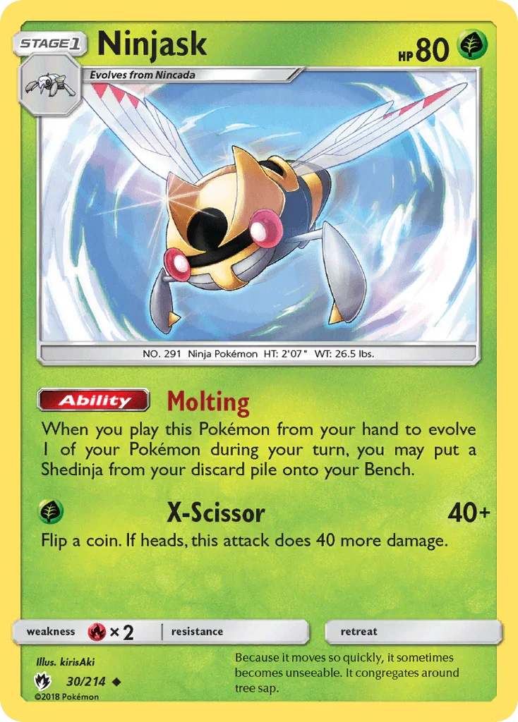 30, Fire[×2], Grass, Normal, Reverse Holofoil, Sun & Moon: Lost Thunder, Uncommon Ninjask (30/214) [Sun & Moon: Lost Thunder] - Trading Card World