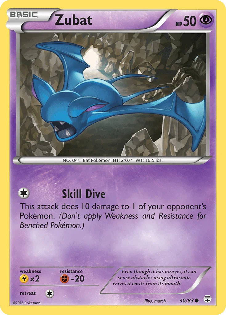 30, Common, Fighting[-20], Lightning[×2], Normal, Psychic, Reverse Holofoil, XY: Generations Zubat (30/83) [XY: Generations] - Trading Card World