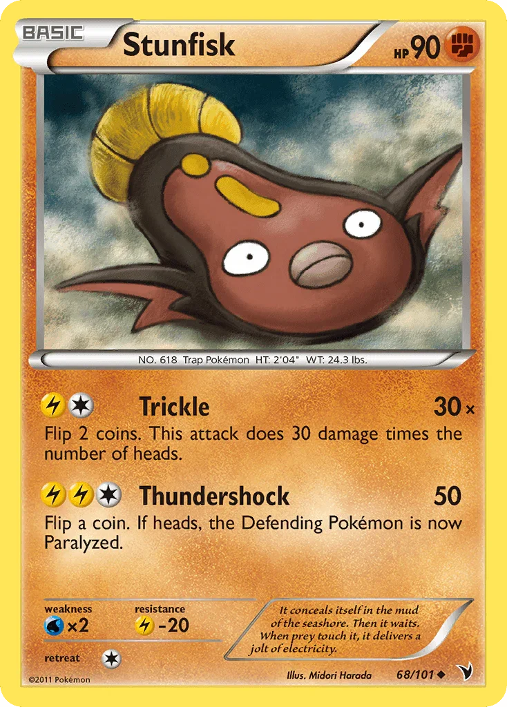68, Black & White: Noble Victories, Fighting, Lightning[-20], Normal, Reverse Holofoil, Uncommon, Water[×2] Stunfisk (68/101) [Black & White: Noble Victories] - Trading Card World