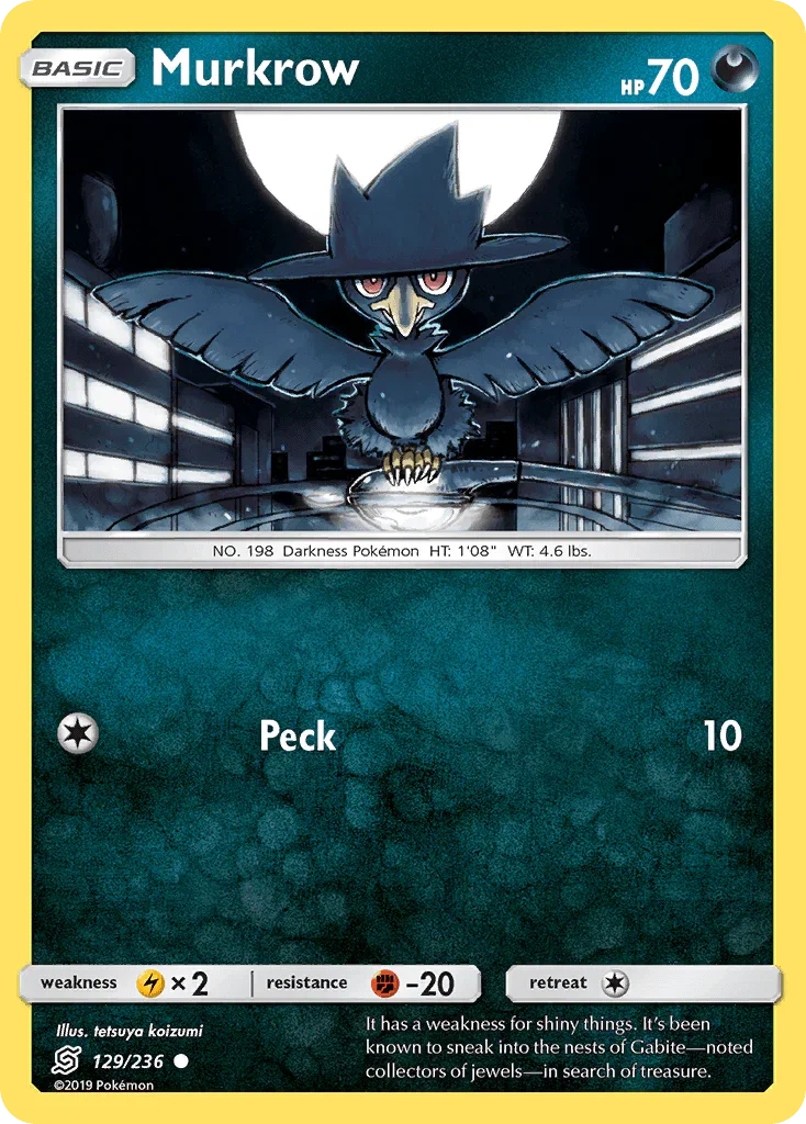 129, Common, Darkness, Fighting[-20], Lightning[×2], Normal, Reverse Holofoil, Sun & Moon: Unified Minds Murkrow (129/236) [Sun & Moon: Unified Minds] - Trading Card World