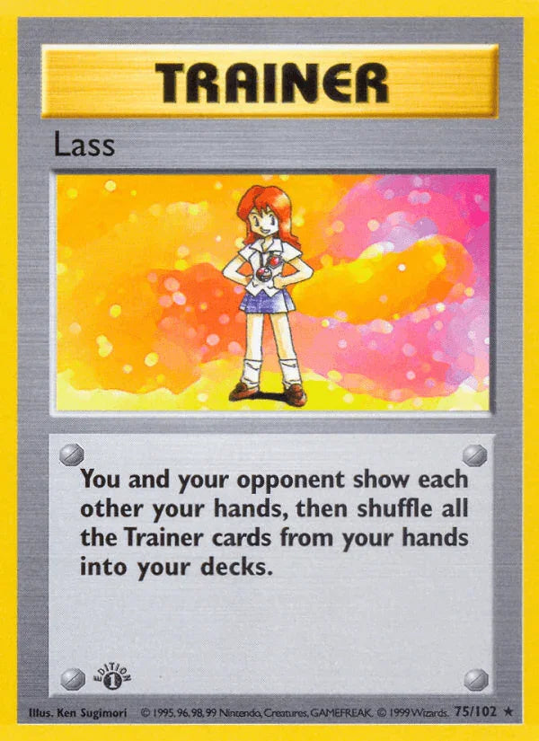 1st Edition Normal, 75, Base Set 1st Edition, Rare, Trainer Lass (75/102) (Shadowless) [Base Set 1st Edition] - Trading Card World