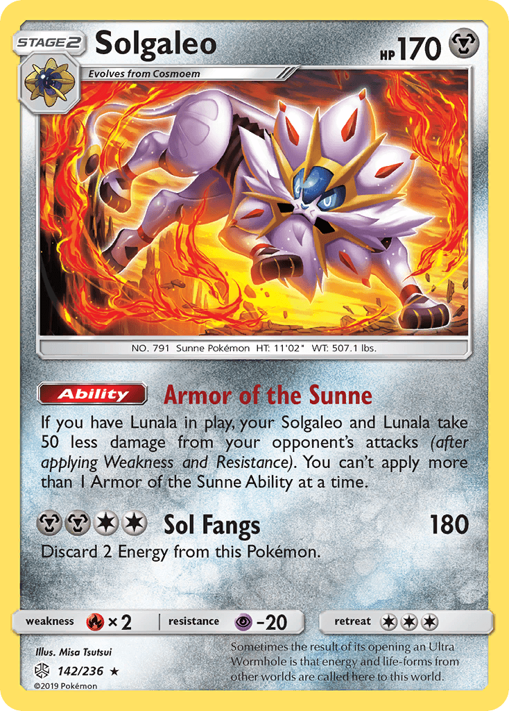142, Fire[×2], Holo Rare, Holofoil, Metal, Psychic[-20], Reverse Holofoil, Sun & Moon: Cosmic Eclipse Solgaleo (142/236) [Sun & Moon: Cosmic Eclipse] - Trading Card World