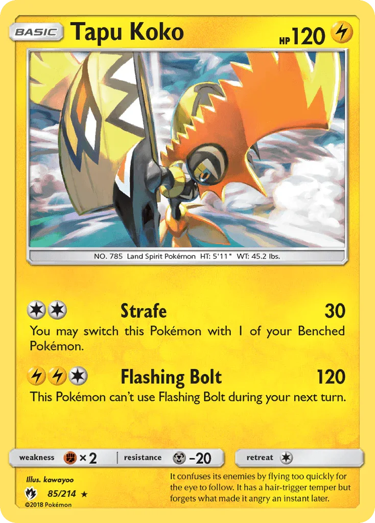 85, Fighting[×2], Holo Rare, Holofoil, Lightning, Metal[-20], Reverse Holofoil, Sun & Moon: Lost Thunder Tapu Koko (85/214) [Sun & Moon: Lost Thunder] - Trading Card World