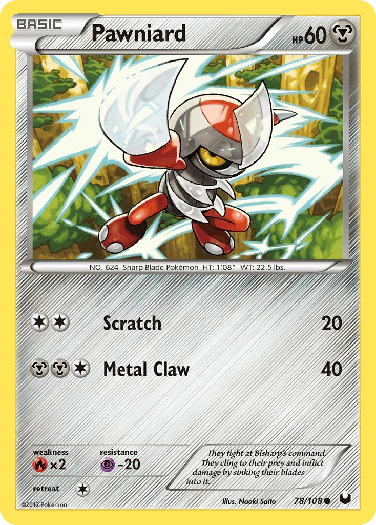 78, Black & White: Dark Explorers, Common, Fire[×2], Metal, Normal, Psychic[-20], Reverse Holofoil Pawniard (78/108) [Black & White: Dark Explorers] - Trading Card World