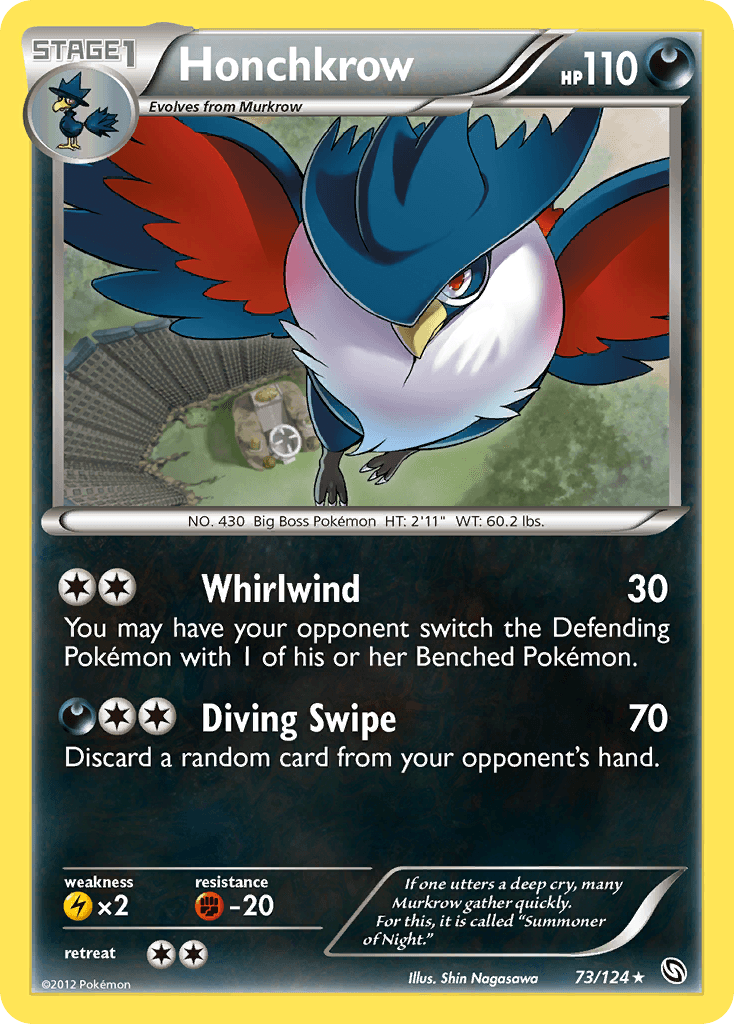 73, Black & White: Dragons Exalted, Darkness, Fighting[-20], Lightning[×2], Normal, Rare, Reverse Holofoil Honchkrow (73/124) [Black & White: Dragons Exalted] - Trading Card World