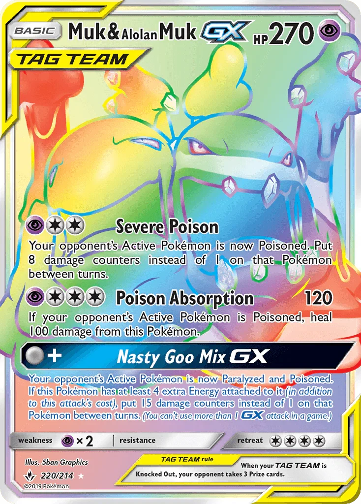 220, Holofoil, Psychic, Psychic[×2], Secret Rare, Sun & Moon: Unbroken Bonds Muk & Alolan Muk GX (220/214) [Sun & Moon: Unbroken Bonds] - Trading Card World