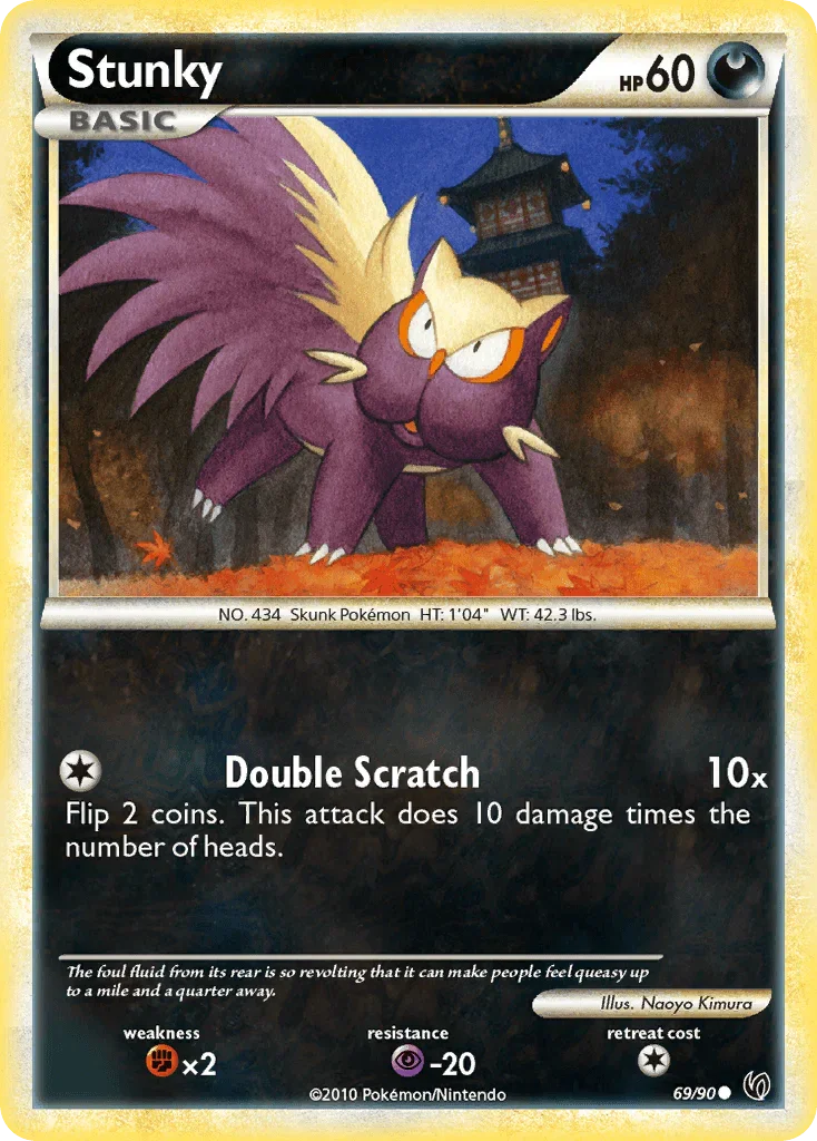 69, Common, Darkness, Fighting[×2], HeartGold & SoulSilver: Undaunted, Normal, Psychic[-20], Reverse Holofoil Stunky (69/90) [HeartGold & SoulSilver: Undaunted] - Trading Card World