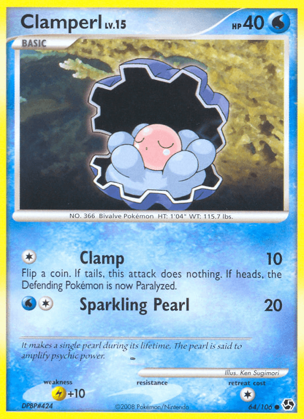 64, Common, Diamond & Pearl: Great Encounters, Lightning[+10], Normal, Reverse Holofoil, Water Clamperl (64/106) [Diamond & Pearl: Great Encounters] - Trading Card World