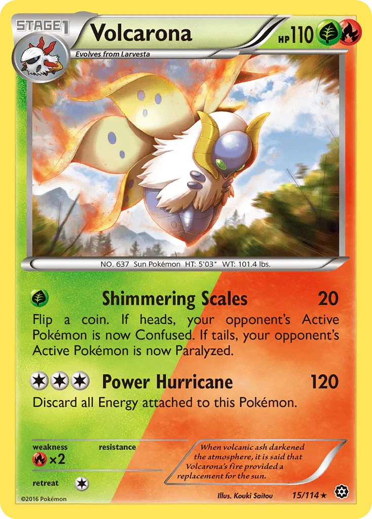 15, Fire, Fire[×2], Grass, Normal, Rare, Reverse Holofoil, XY: Steam Siege Volcarona (15/114) [XY: Steam Siege] - Trading Card World