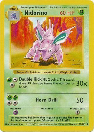 37, Base Set Shadowless Unlimited, Grass, Normal, Psychic[×2], Uncommon Nidorino (37/102) [Base Set Shadowless Unlimited] - Trading Card World