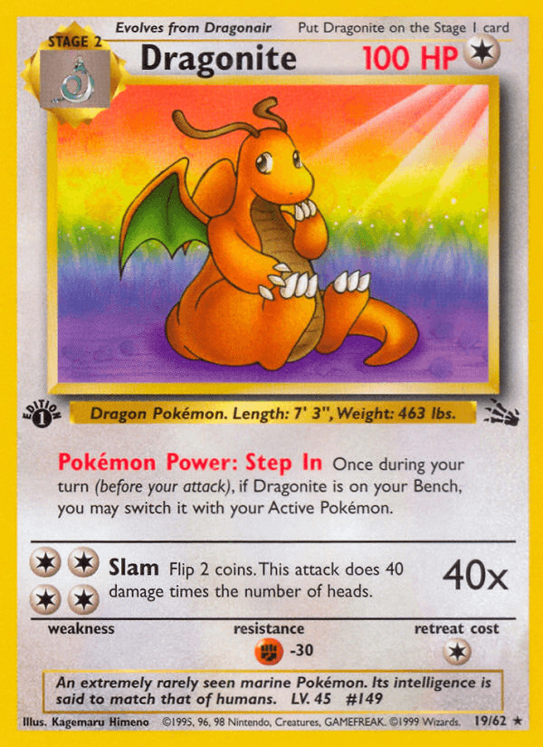 19, 1st Edition Normal, Colorless, Fighting[-30], Fossil 1st Edition, Rare Dragonite (19/62) [Fossil 1st Edition] - Trading Card World