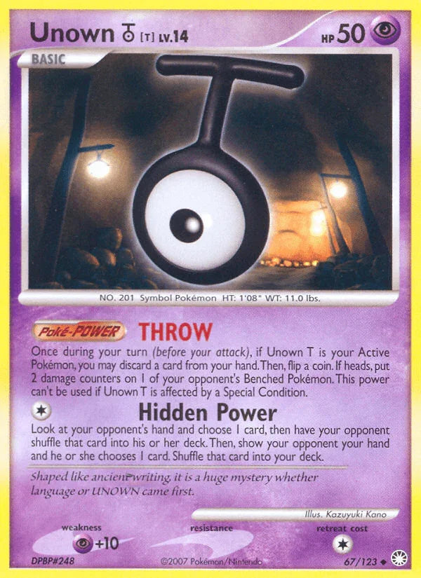 67, Diamond & Pearl: Mysterious Treasures, Normal, Psychic, Psychic[+10], Reverse Holofoil, Uncommon Unown T (67/123) [Diamond & Pearl: Mysterious Treasures] - Trading Card World