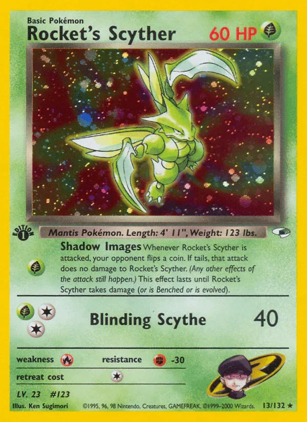 13, 1st Edition Holofoil, Fighting[-30], Fire[×2], Grass, Gym Heroes 1st Edition, Holo Rare Rocket's Scyther (13/132) [Gym Heroes 1st Edition] - Trading Card World