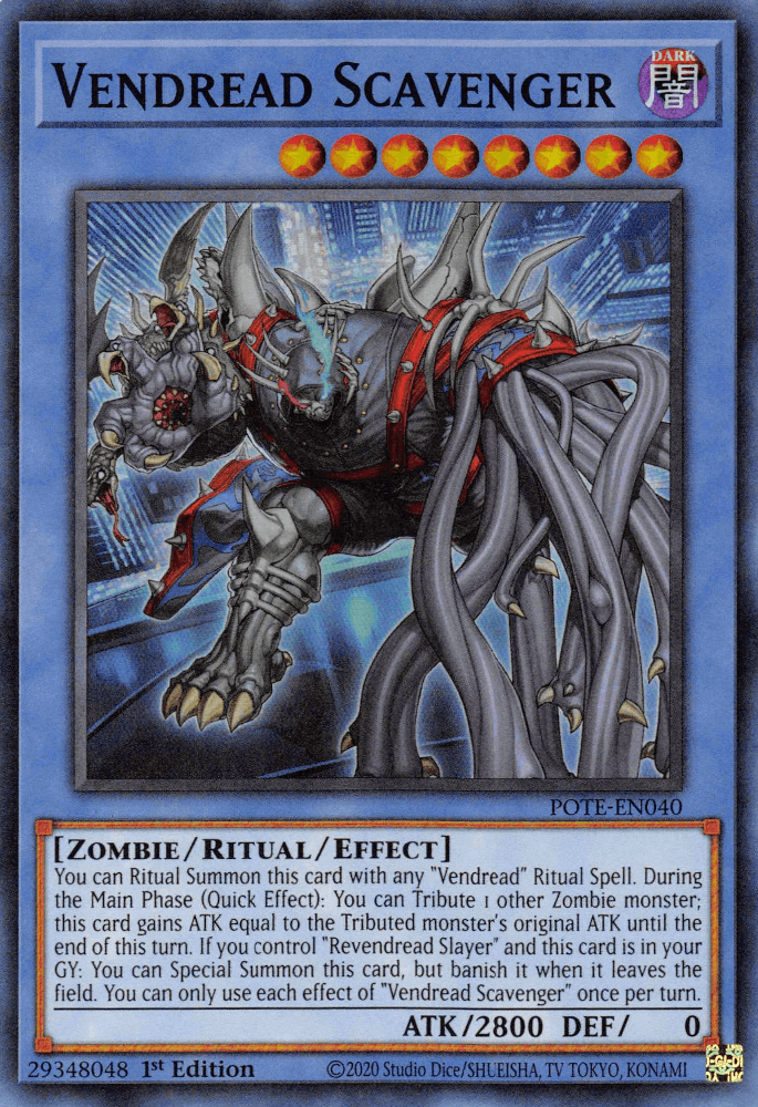 1st Edition, Dark, Power of the Elements, Ritual/Effect Monster, Super Rare, Unlimited, Zombie Vendread Scavenger [POTE-EN040] Super Rare - Trading Card World