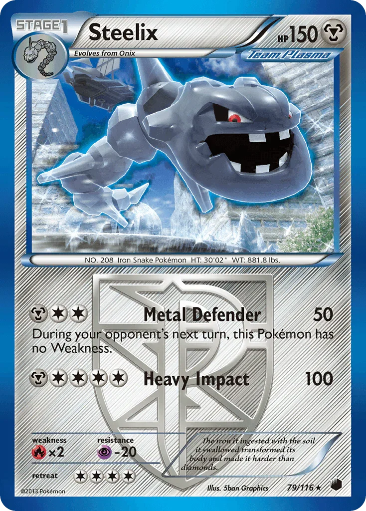 79, Black & White: Plasma Freeze, Fire[×2], Metal, Normal, Psychic[-20], Rare, Reverse Holofoil Steelix (79/116) [Black & White: Plasma Freeze] - Trading Card World