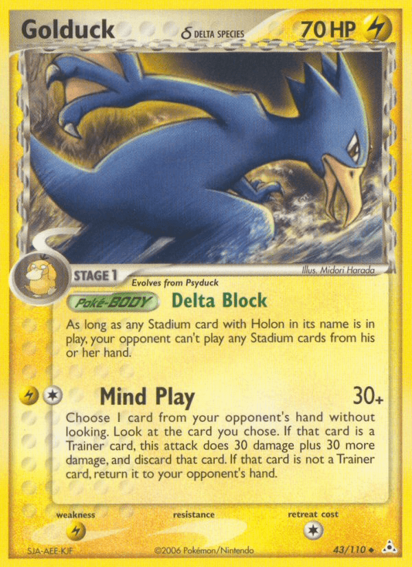 43, EX: Holon Phantoms, Lightning, Lightning[×2], Normal, Uncommon Golduck (43/110) (Delta Species) [EX: Holon Phantoms] - Trading Card World