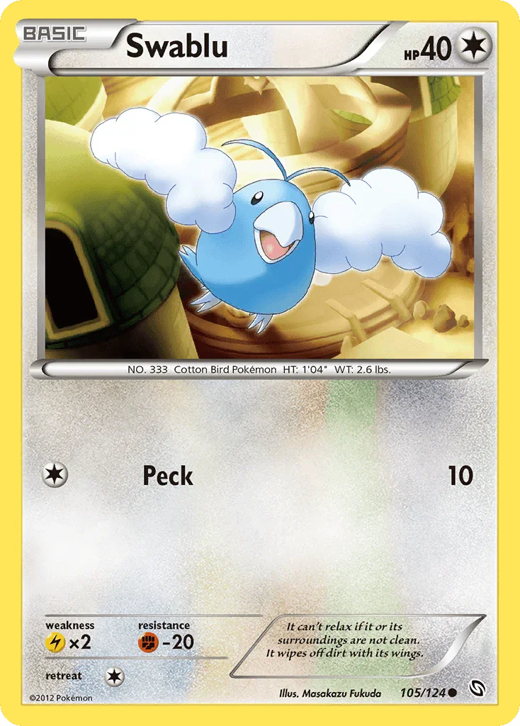 105, Black & White: Dragons Exalted, Colorless, Common, Fighting[-20], Lightning[×2], Normal, Reverse Holofoil Swablu (105/124) [Black & White: Dragons Exalted] - Trading Card World