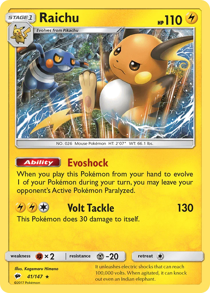 41, Fighting[×2], Holo Rare, Holofoil, Lightning, Metal[-20], Reverse Holofoil, Sun & Moon: Burning Shadows Raichu (41/147) [Sun & Moon: Burning Shadows] - Trading Card World