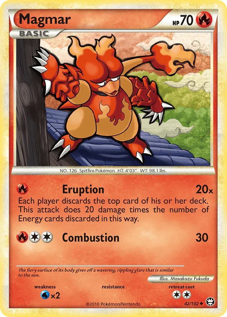 42, Fire, HeartGold & SoulSilver: Triumphant, Normal, Reverse Holofoil, Uncommon, Water[×2] Magmar (42/102) [HeartGold & SoulSilver: Triumphant] - Trading Card World