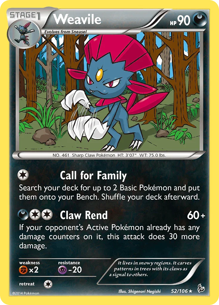 52, Darkness, Fighting[×2], Normal, Psychic[-20], Rare, Reverse Holofoil, XY: Flashfire Weavile (52/106) [XY: Flashfire] - Trading Card World