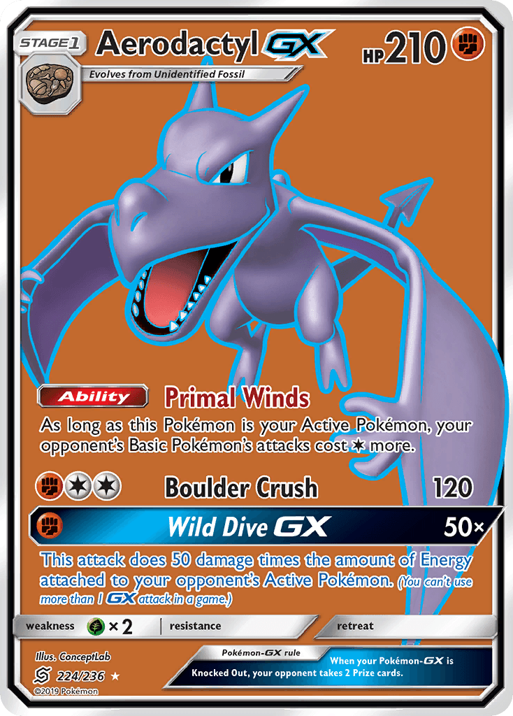 224, Fighting, Grass[×2], Holofoil, Sun & Moon: Unified Minds, Ultra Rare Aerodactyl GX (224/236) [Sun & Moon: Unified Minds] - Trading Card World