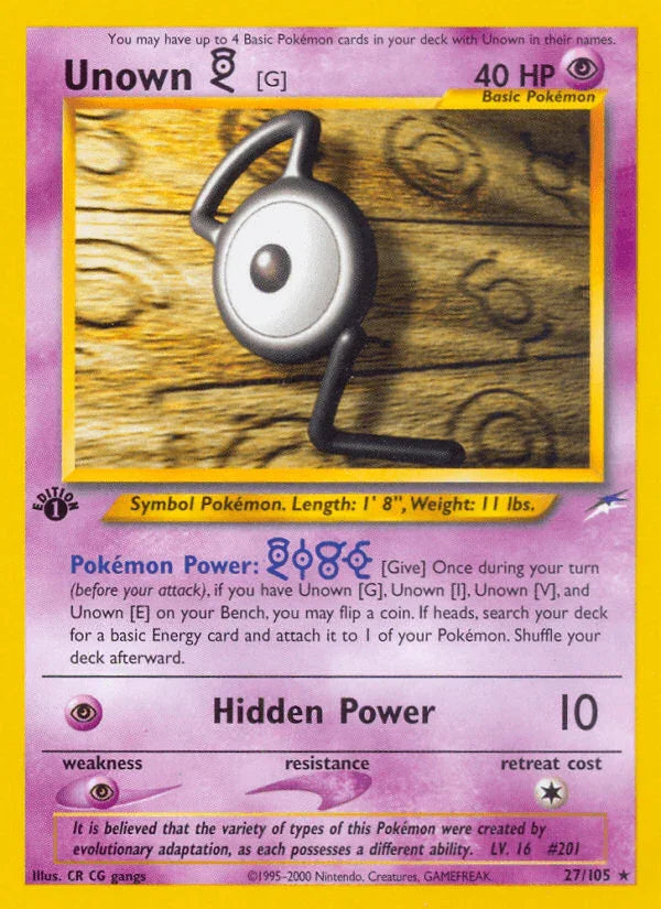 1st Edition Normal, 27, Neo Destiny 1st Edition, Psychic, Psychic[×2], Rare Unown [G] (27/105) [Neo Destiny 1st Edition] - Trading Card World
