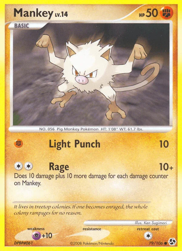 79, Common, Diamond & Pearl: Great Encounters, Fighting, Normal, Psychic[+10], Reverse Holofoil Mankey (79/106) [Diamond & Pearl: Great Encounters] - Trading Card World