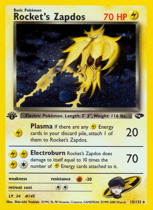 15, 1st Edition Holofoil, Fighting[-30], Gym Challenge 1st Edition, Holo Rare, Lightning Rocket's Zapdos (15/132) [Gym Challenge 1st Edition] - Trading Card World
