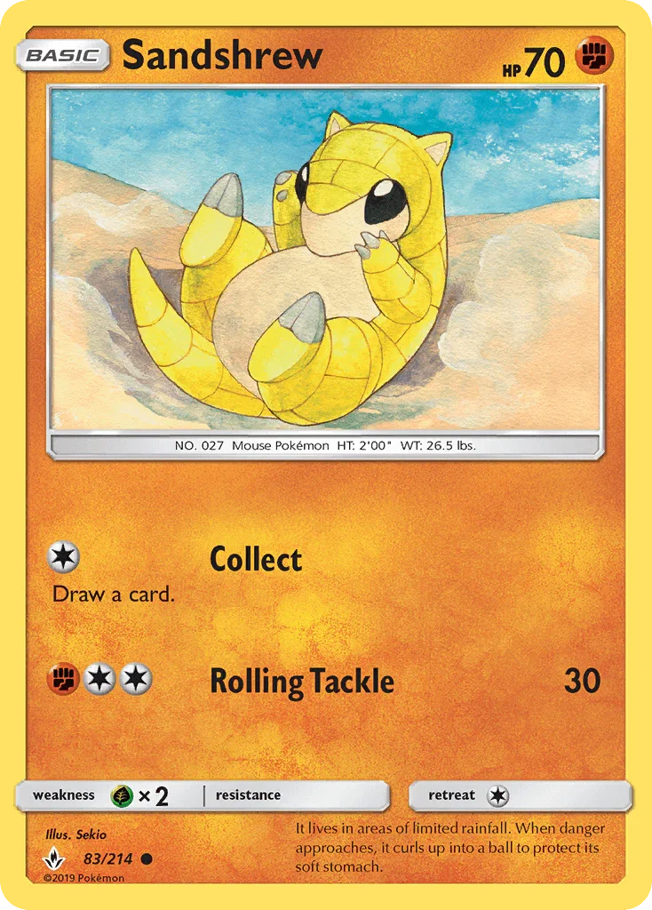 83, Common, Fighting, Grass[×2], Normal, Reverse Holofoil, Sun & Moon: Unbroken Bonds Sandshrew (83/214) [Sun & Moon: Unbroken Bonds] - Trading Card World