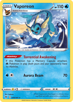030, Lightning[×2], Normal, Rare, Reverse Holofoil, Sword & Shield: Vivid Voltage, Water Vaporeon (030/185) [Sword & Shield: Vivid Voltage] - Trading Card World