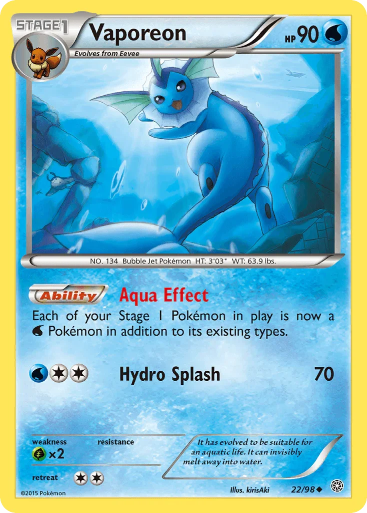 22, Grass[×2], Normal, Reverse Holofoil, Uncommon, Water, XY: Ancient Origins Vaporeon (22/98) [XY: Ancient Origins] - Trading Card World