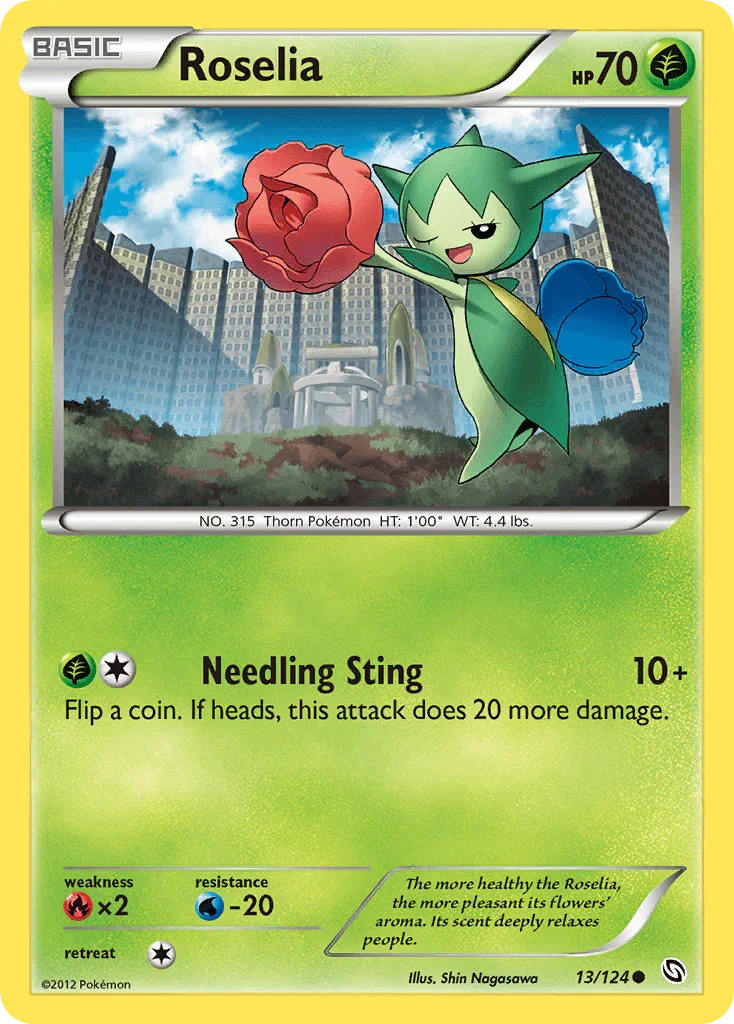 13, Black & White: Dragons Exalted, Common, Fire[×2], Grass, Normal, Reverse Holofoil, Water[-20] Roselia (13/124) [Black & White: Dragons Exalted] - Trading Card World