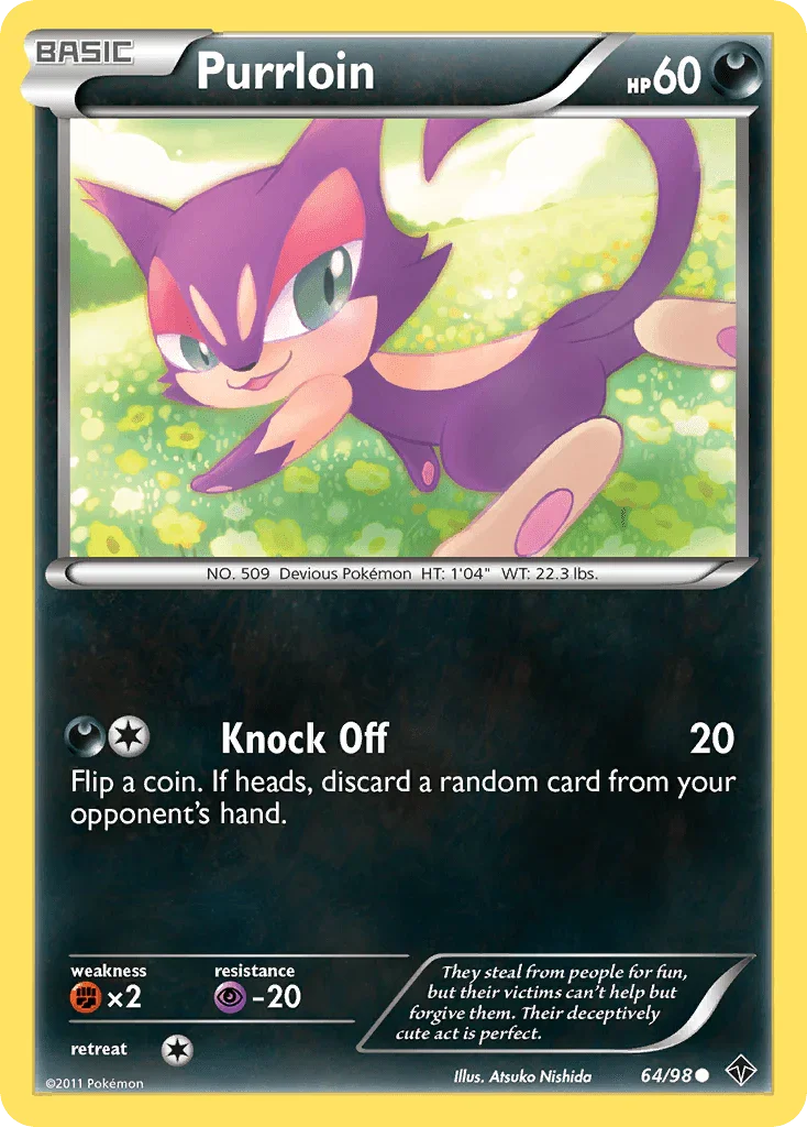 64, Black & White: Emerging Powers, Common, Darkness, Fighting[×2], Normal, Psychic[-20], Reverse Holofoil Purrloin (64/98) [Black & White: Emerging Powers] - Trading Card World