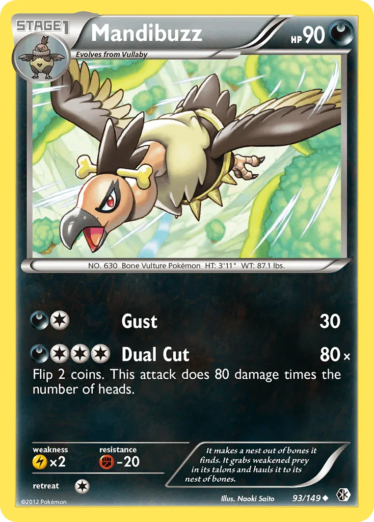 93, Black & White: Boundaries Crossed, Darkness, Fighting[-20], Lightning[×2], Normal, Reverse Holofoil, Uncommon Mandibuzz (93/149) [Black & White: Boundaries Crossed] - Trading Card World