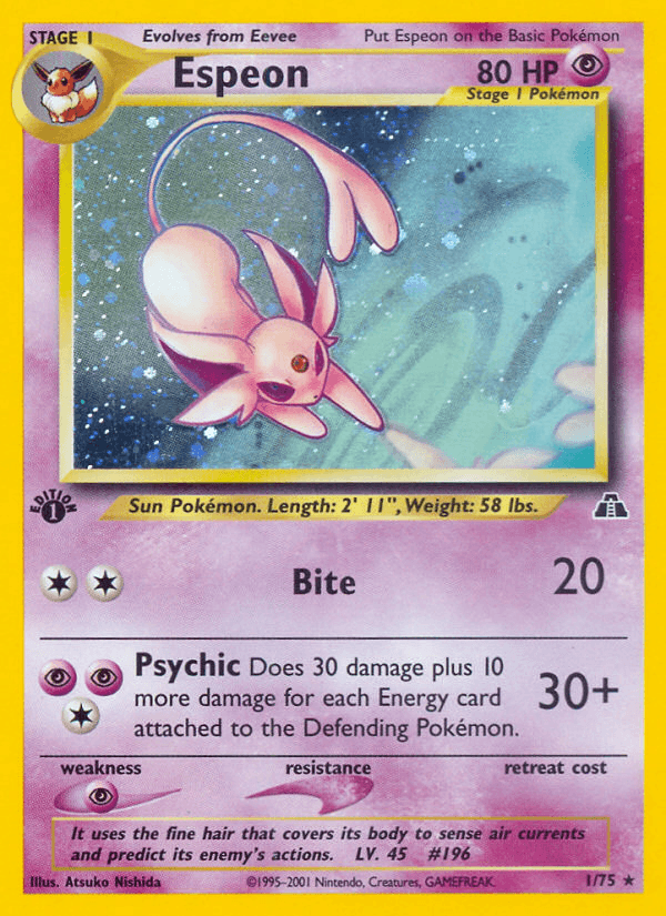 1st Edition Holofoil, Holo Rare, Neo Discovery 1st Edition, Psychic, Psychic[×2] Espeon (1/75) [Neo Discovery 1st Edition] - Trading Card World