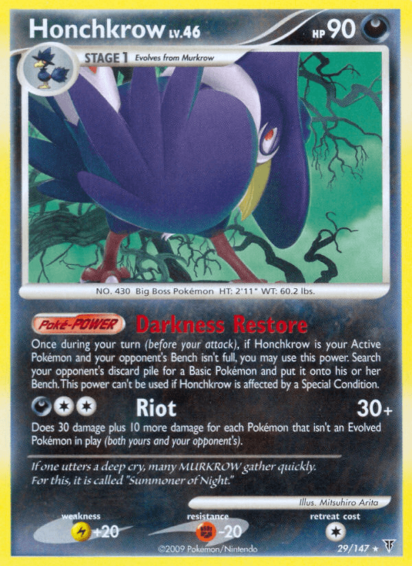 29, Darkness, Fighting[-20], Lightning[+20], Normal, Platinum: Supreme Victors, Rare, Reverse Holofoil Honchkrow (29/147) [Platinum: Supreme Victors] - Trading Card World