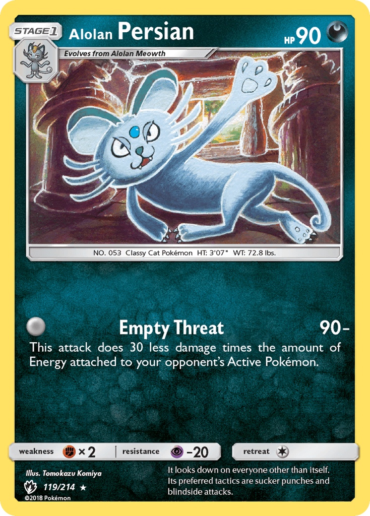 119, Darkness, Fighting[×2], Normal, Psychic[-20], Rare, Reverse Holofoil, Sun & Moon: Lost Thunder Alolan Persian (119/214) [Sun & Moon: Lost Thunder] - Trading Card World