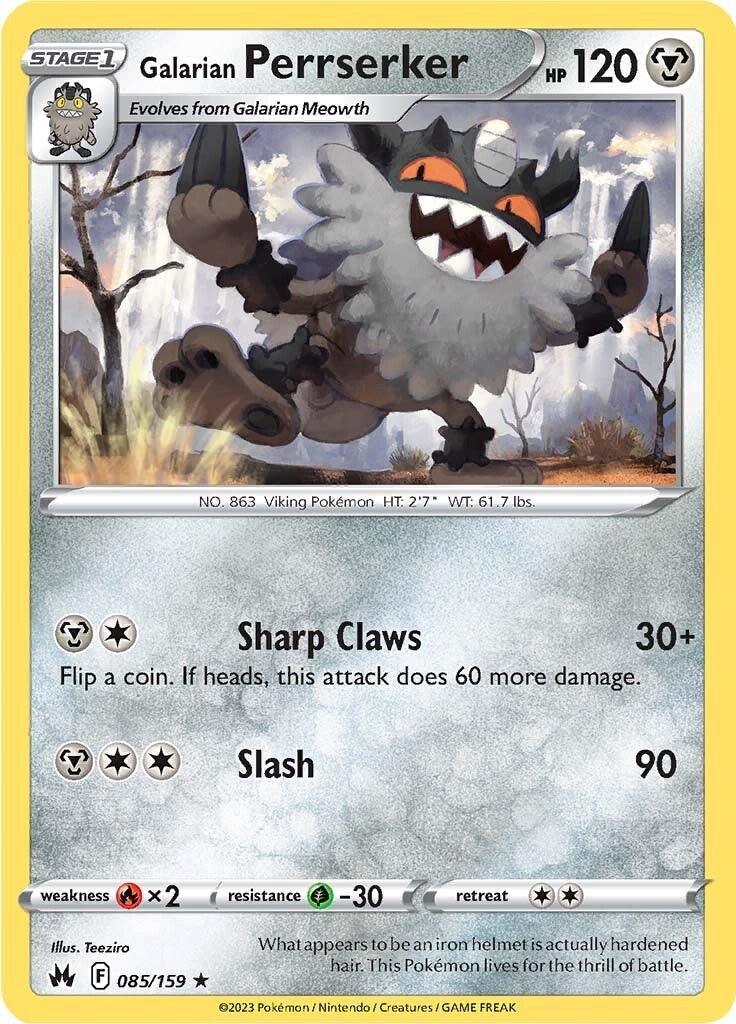 085, Fire [x2], Grass [-30], Metal, Normal, Rare, Reverse Holofoil, Sword & Shield: Crown Zenith Galarian Perrserker (085/159) [Sword & Shield: Crown Zenith] - Trading Card World