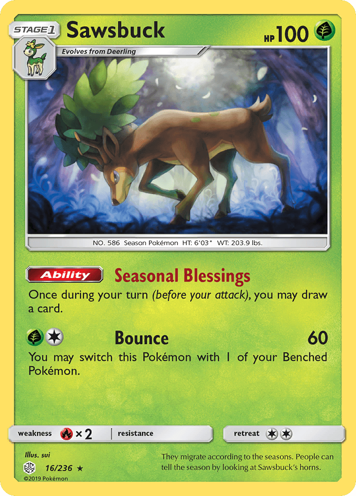 16, Fire[×2], Grass, Holo Rare, Holofoil, Reverse Holofoil, Sun & Moon: Cosmic Eclipse Sawsbuck (16/236) [Sun & Moon: Cosmic Eclipse] - Trading Card World