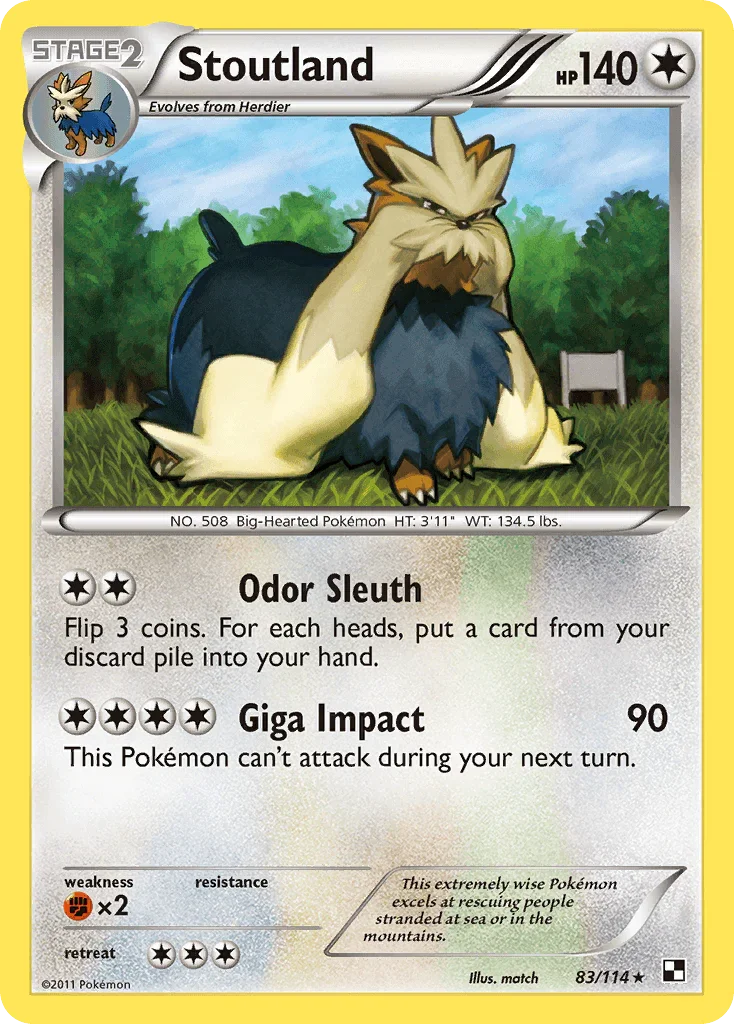 83, Black & White: Base Set, Colorless, Fighting[×2], Normal, Rare, Reverse Holofoil Stoutland (83/114) [Black & White: Base Set] - Trading Card World