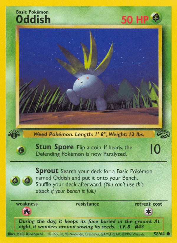 1st Edition Normal, 58, Common, Fire[×2], Grass, Jungle 1st Edition Oddish (58/64) [Jungle 1st Edition] - Trading Card World