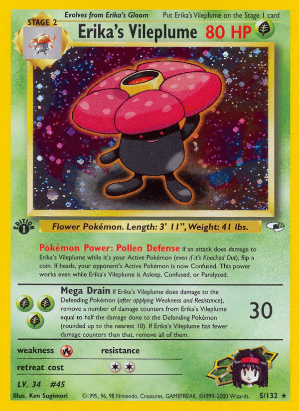 1st Edition Holofoil, Fire[×2], Grass, Gym Heroes 1st Edition, Holo Rare Erika's Vileplume (5/132) [Gym Heroes 1st Edition] - Trading Card World