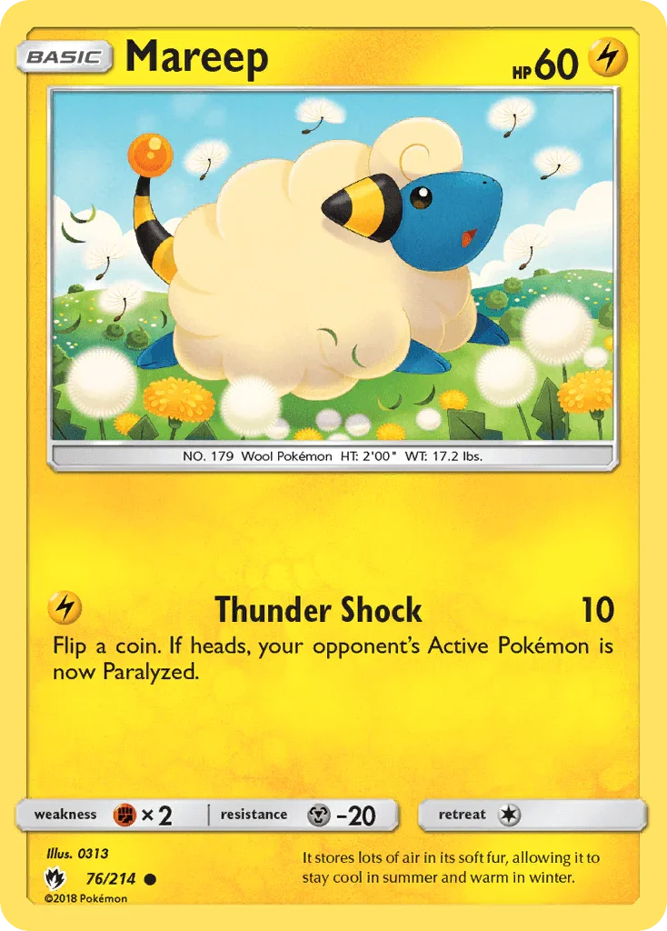 76, Common, Fighting[×2], Lightning, Metal[-20], Normal, Reverse Holofoil, Sun & Moon: Lost Thunder Mareep (76/214) [Sun & Moon: Lost Thunder] - Trading Card World