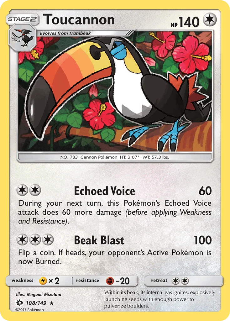 108, Colorless, Fighting[-20], Lightning[×2], Normal, Rare, Reverse Holofoil, Sun & Moon: Base Set Toucannon (108/149) [Sun & Moon: Base Set] - Trading Card World