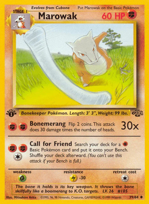 1st Edition Normal, 39, Fighting, Grass[×2], Jungle 1st Edition, Lightning[-30], Uncommon Marowak (39/64) [Jungle 1st Edition] - Trading Card World