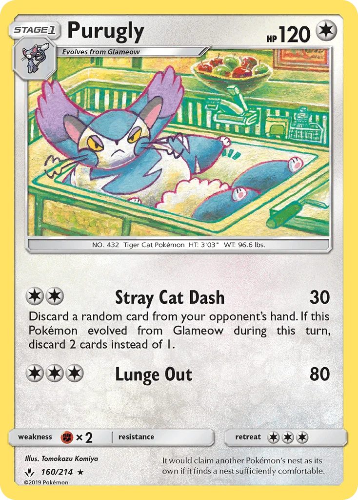 160, Colorless, Fighting[×2], Normal, Rare, Reverse Holofoil, Sun & Moon: Unbroken Bonds Purugly (160/214) [Sun & Moon: Unbroken Bonds] - Trading Card World