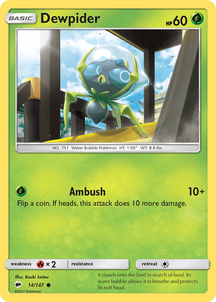 14, Common, Fire[×2], Grass, Normal, Reverse Holofoil, Sun & Moon: Burning Shadows Dewpider (14/147) [Sun & Moon: Burning Shadows] - Trading Card World